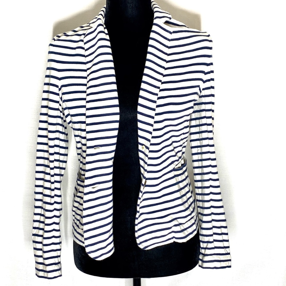 J Crew White and Navy Blue Stripe Knit Blazer Sz S